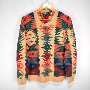 Vintage Hammacher Schlemmer Sweater Men Small Yellow Orange Green Knit Crew‎